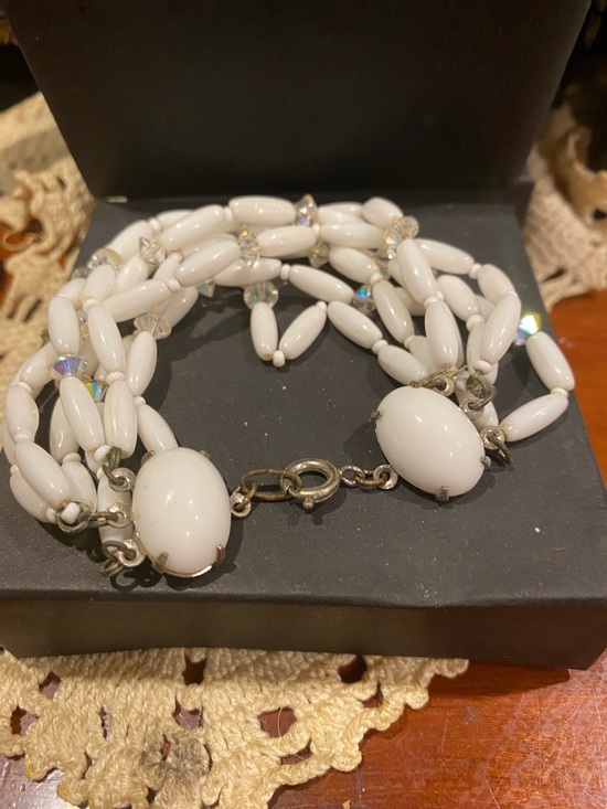 Western Germany Jewelry - White Milk Glass Multi-Strand Beaded Bracelet with Crystal Accents